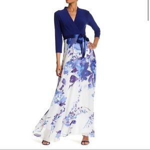 3/4 sleeve white & blue floral maxi